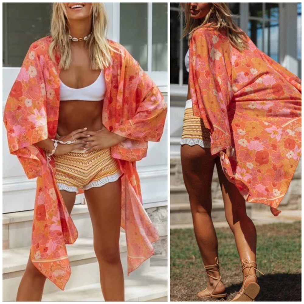 Orange Boho Floral Print Kimono Beach Wrap - Picture 3 of 8